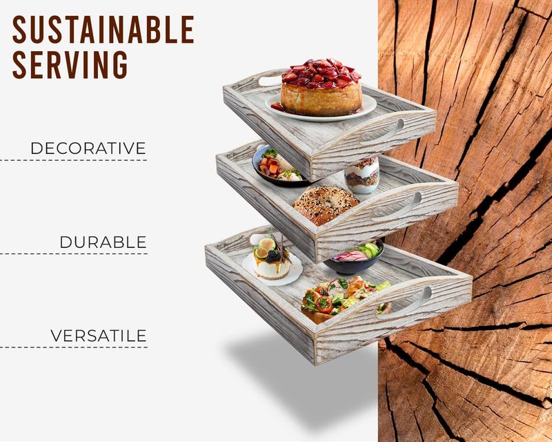 Comfify Serving Trays Set of 3 - Ottoman Wood Trays for Entertainment, Food and Decor - Rustic Farmhouse Distressed Wood Finish - Rustic White - Image 5
